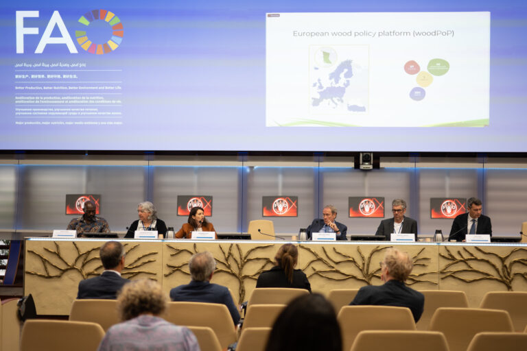 A group of people sitting across a line on a table speaking to a crowd. Behind the speakers is a large screen projecting the United Nations Food and Agriculture Organization logo and the European wood policy platform or woodPoP's project overview.