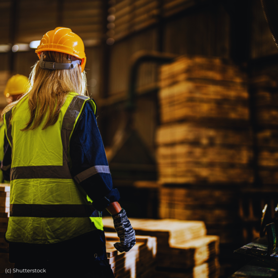 A woman wearing a hardhat and a safety vest with piles of wooden boards in the background